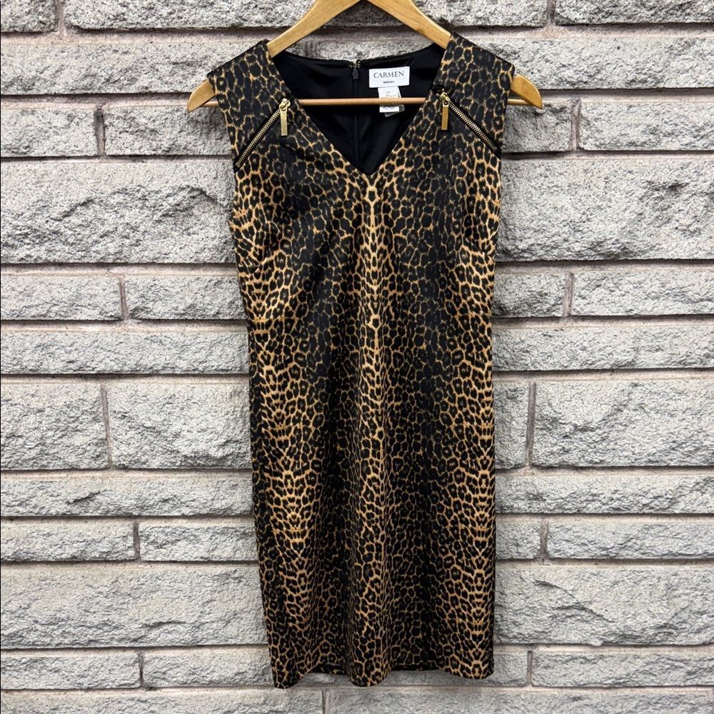 Carmen Marc Valvo Black and Brown Animal Print Mini Dress